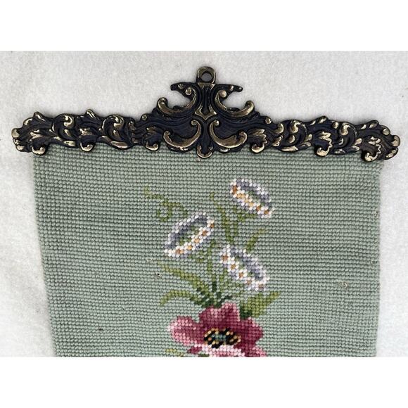 Tapestry Floral Wool Needlepoint Bell Pull Wall Hanging 66x9 Brass Hardware VTG - Picture 4 of 16